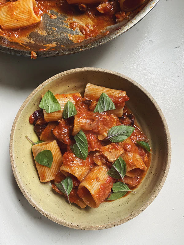Harissa-spiced Tomato, Kalamata Olive, and Tuna Pasta